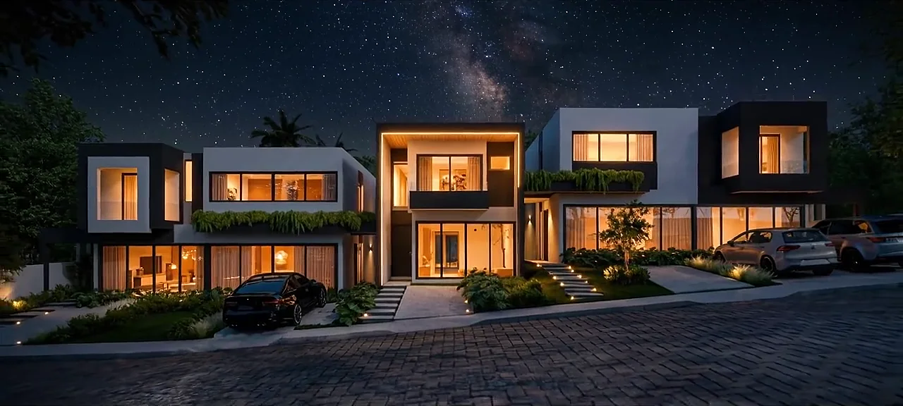 Fachada das casas iluminadas à noite