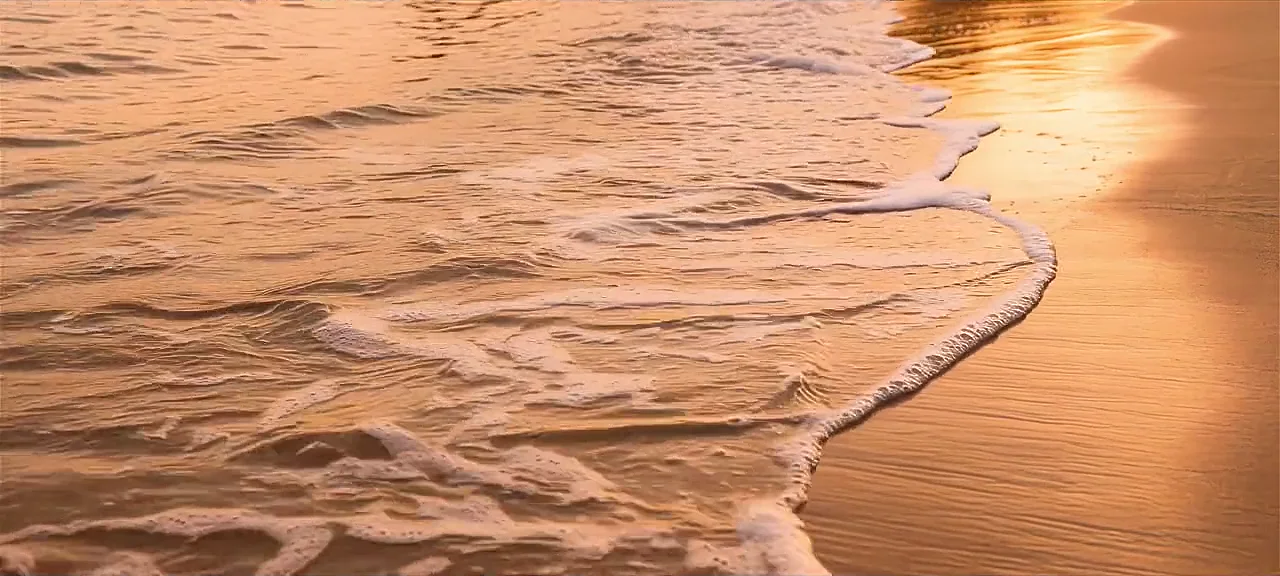 Onda chegando na areia dourada ao entardecer