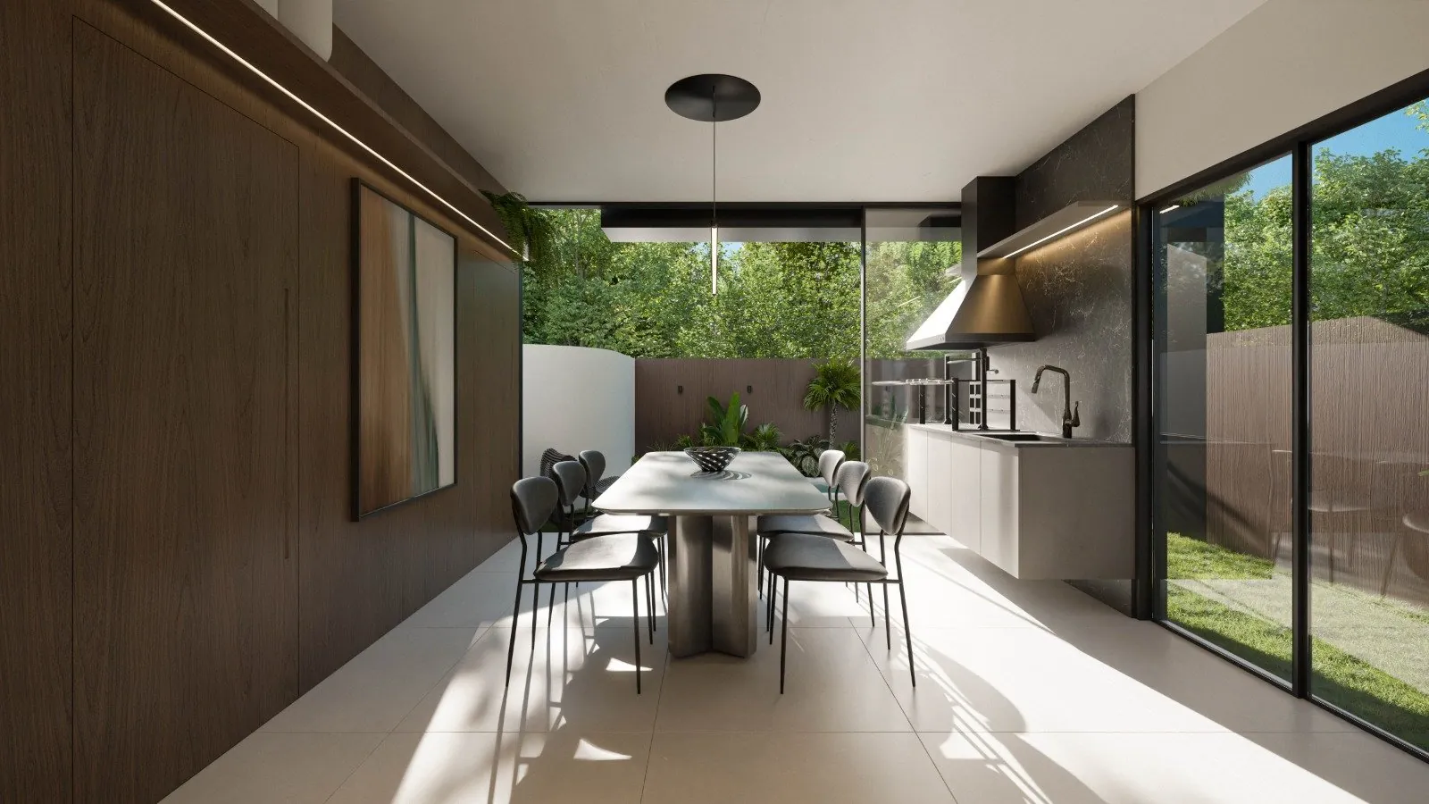 Área gourmet integrada com mesa de jantar